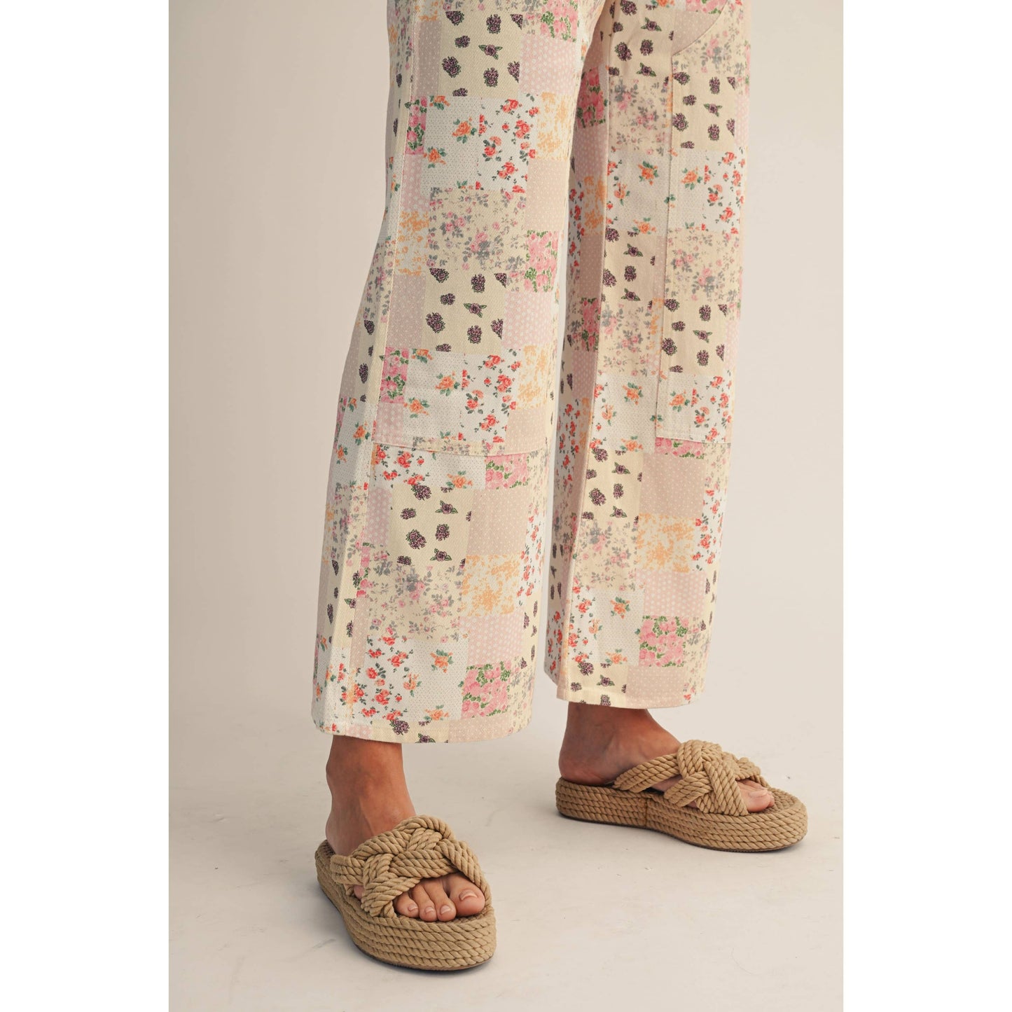 Vintage Pastel Floral Patchwork Wide Leg Pants