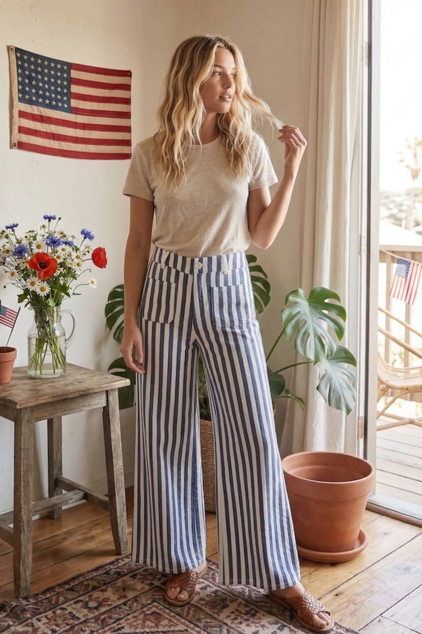 Blue + White Striped Non-Stretch Wide Leg Denim Pants