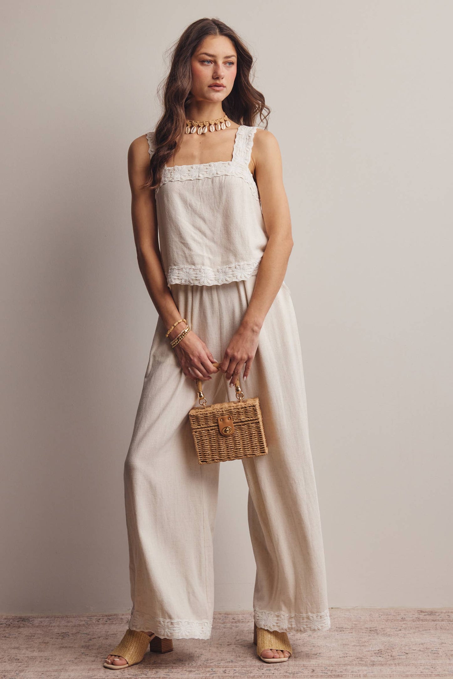 Embroidered Square-Neck Tank & Wide-Leg Pant Set (Oatmeal)