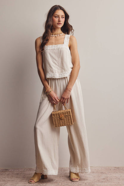 Embroidered Square-Neck Tank & Wide-Leg Pant Set (Oatmeal)