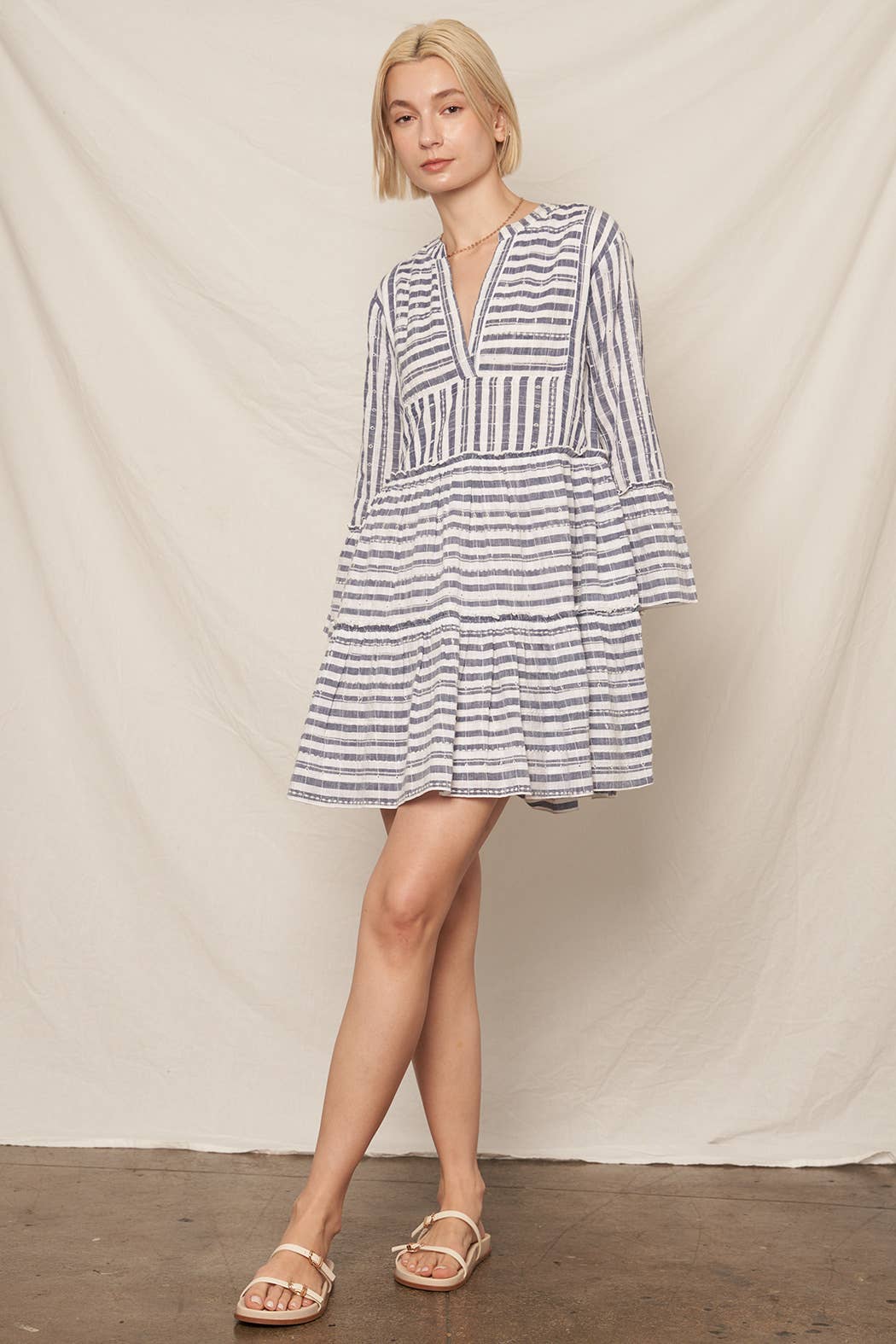 Navy Ivory 3/4 Sleeve V-Neck Striped Tiered Mini Dress