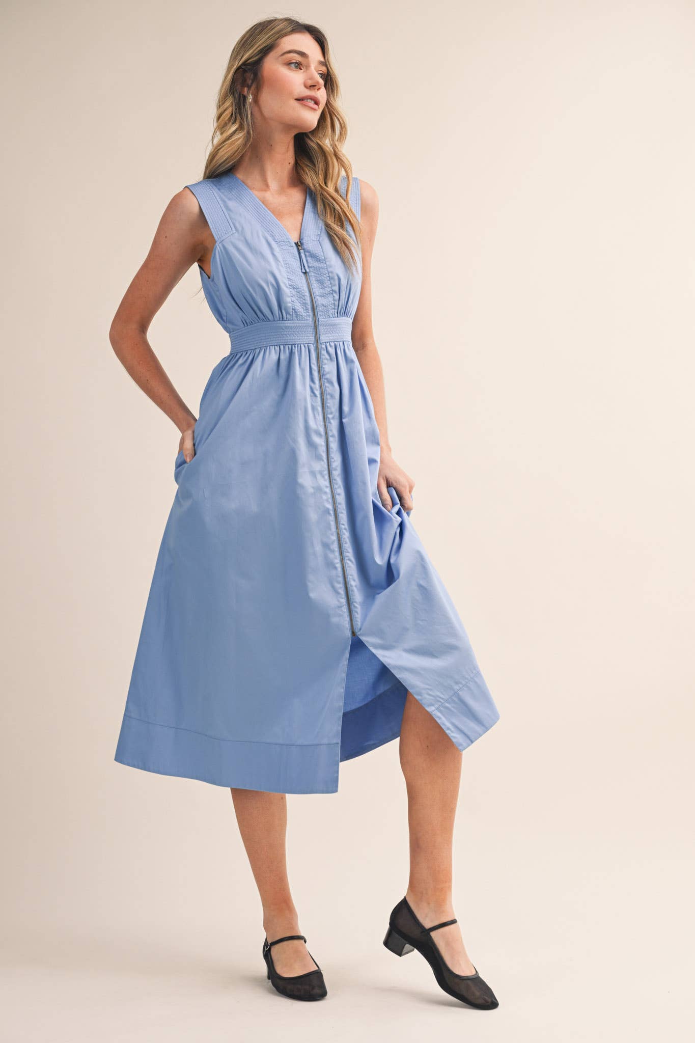 Zipper Front Cornflower Sleeveless Midi Dress