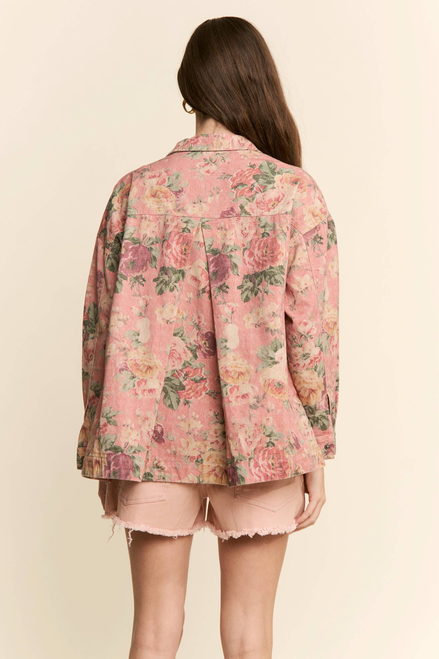 Pink Floral Print Denim Shacket