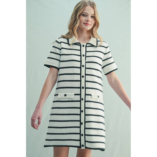 White/Black Striped Sweater Mini Dress