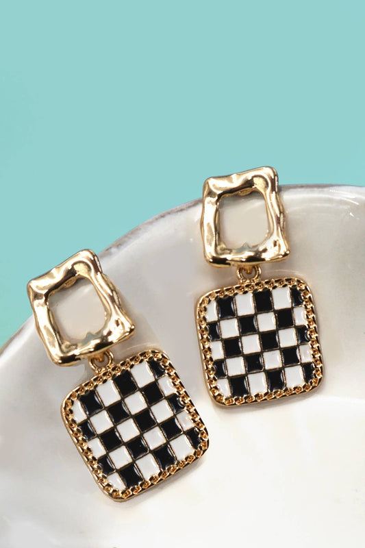 Double Square Gold Checker Drop Earring