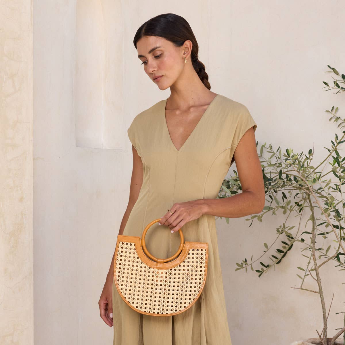 Brown Leather Square Cane Weave Rattan Handbag