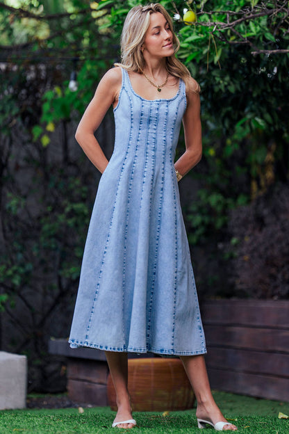 Lt. Denim Paneled Denim Midi Dress Exposed Back Zipper