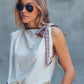 White Paisley Scarf Tie Shoulder Linen Blend Top