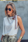 White Paisley Scarf Tie Shoulder Linen Blend Top