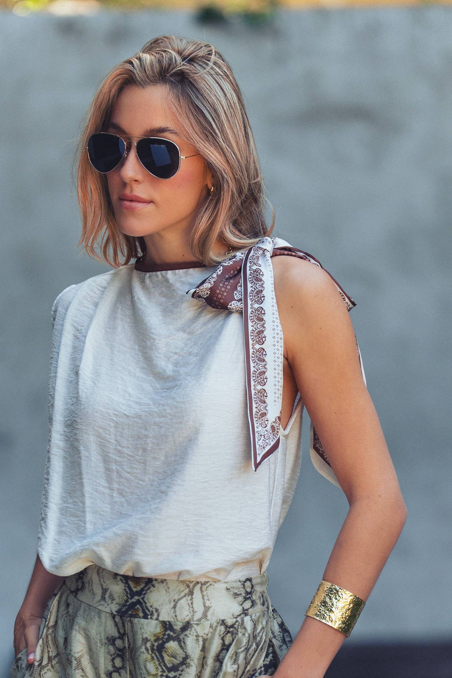 White Paisley Scarf Tie Shoulder Linen Blend Top