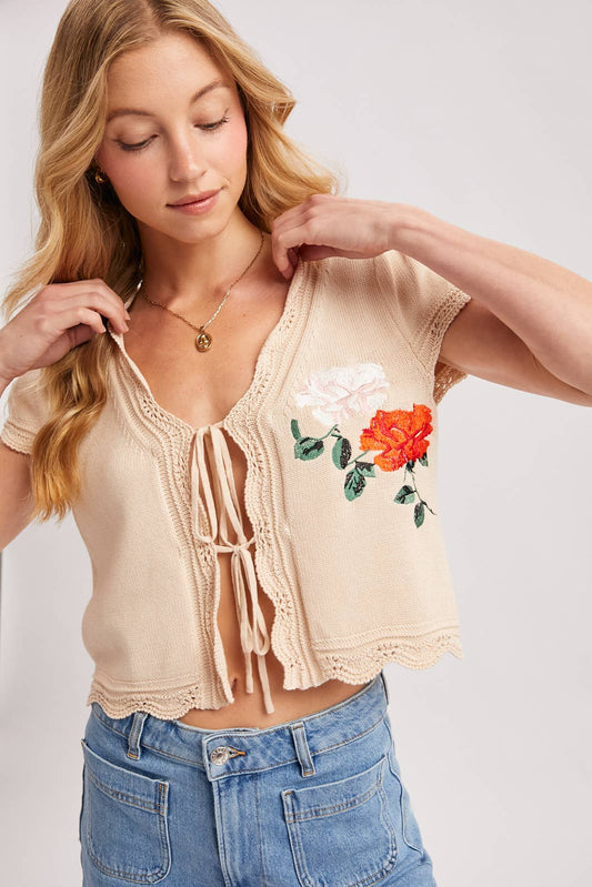 Embroidered Knit Cap Sleeve Open Front Tie Top