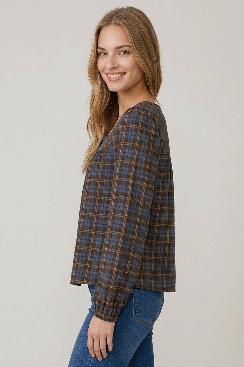 Brown Plaid Button Long Sleeve Blouse