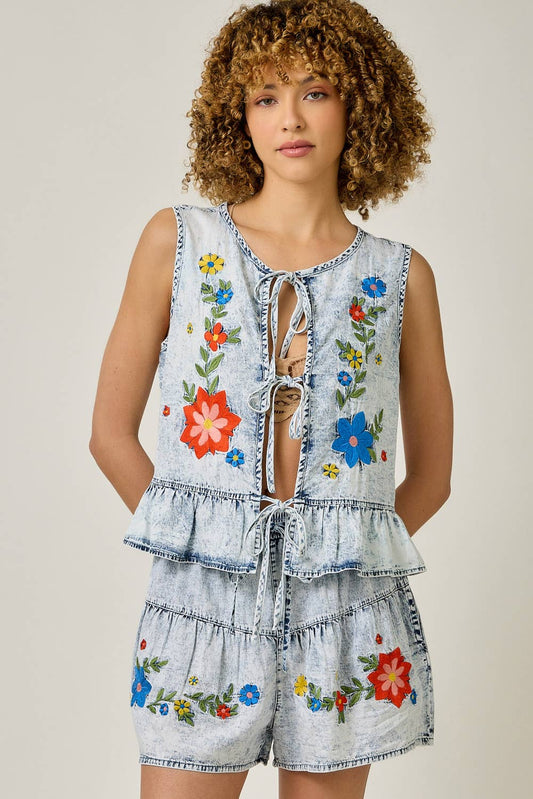 Floral Embroidered Front Tie Ruffled Vest