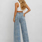 Floral Jacquard Button Pocket Wide Leg Denim Pants