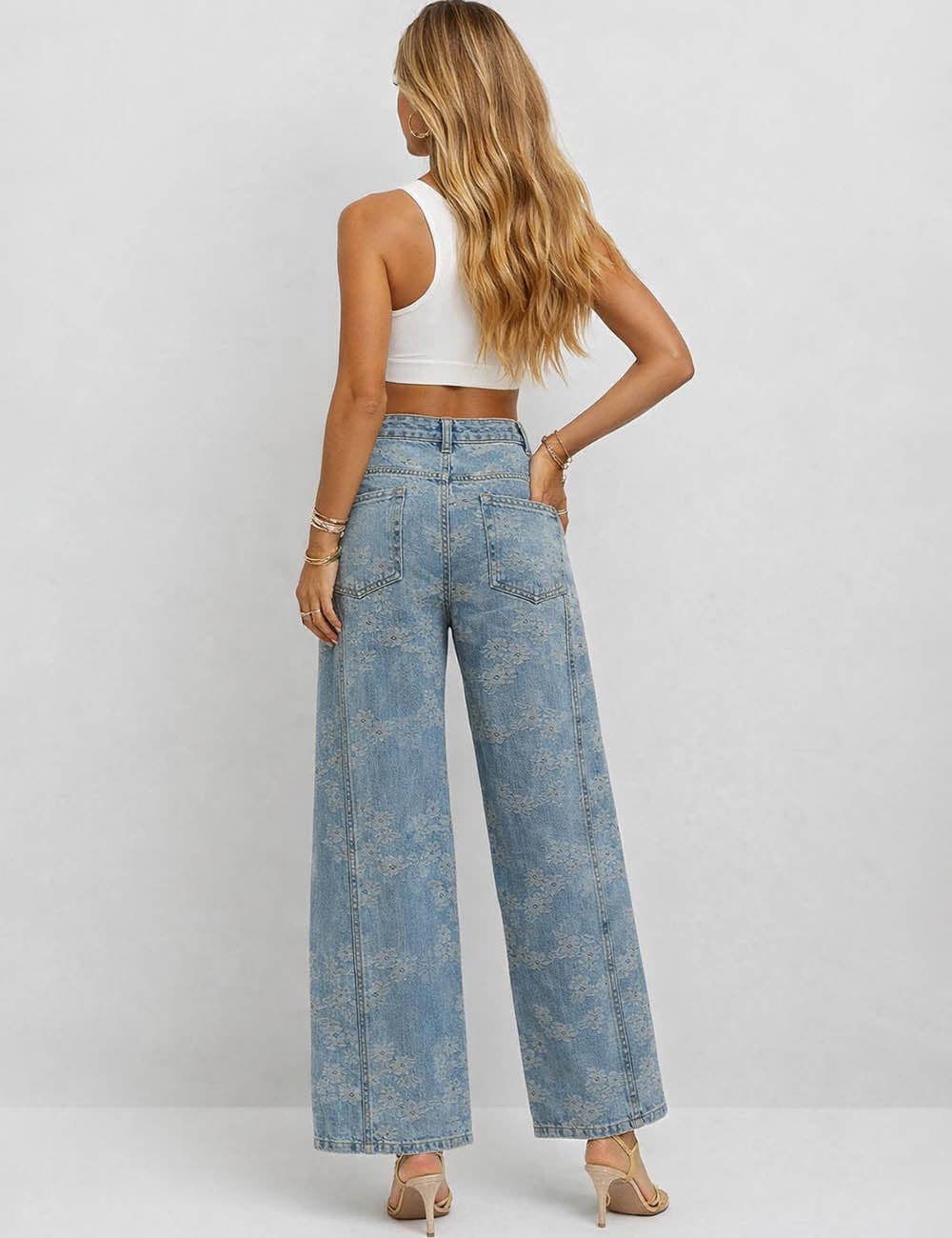 Floral Jacquard Button Pocket Wide Leg Denim Pants