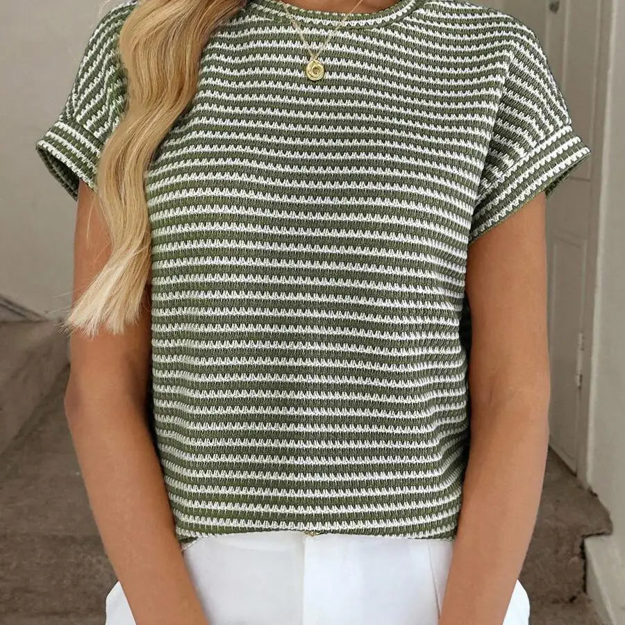 Striped Knit Short Sleeve Pullover