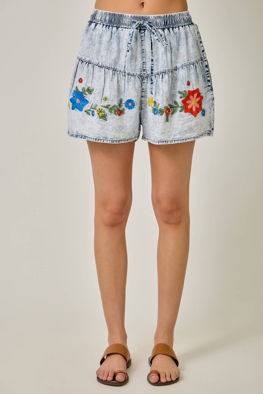 Acid Blue Washed Tencel Embroidered Shorts