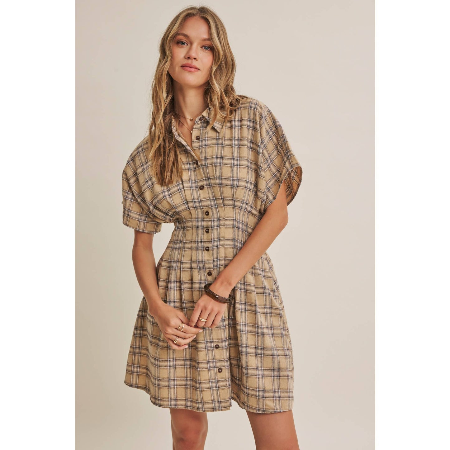 Biscuit Pleated Plaid Smocked Waist Mini Shirt Dress