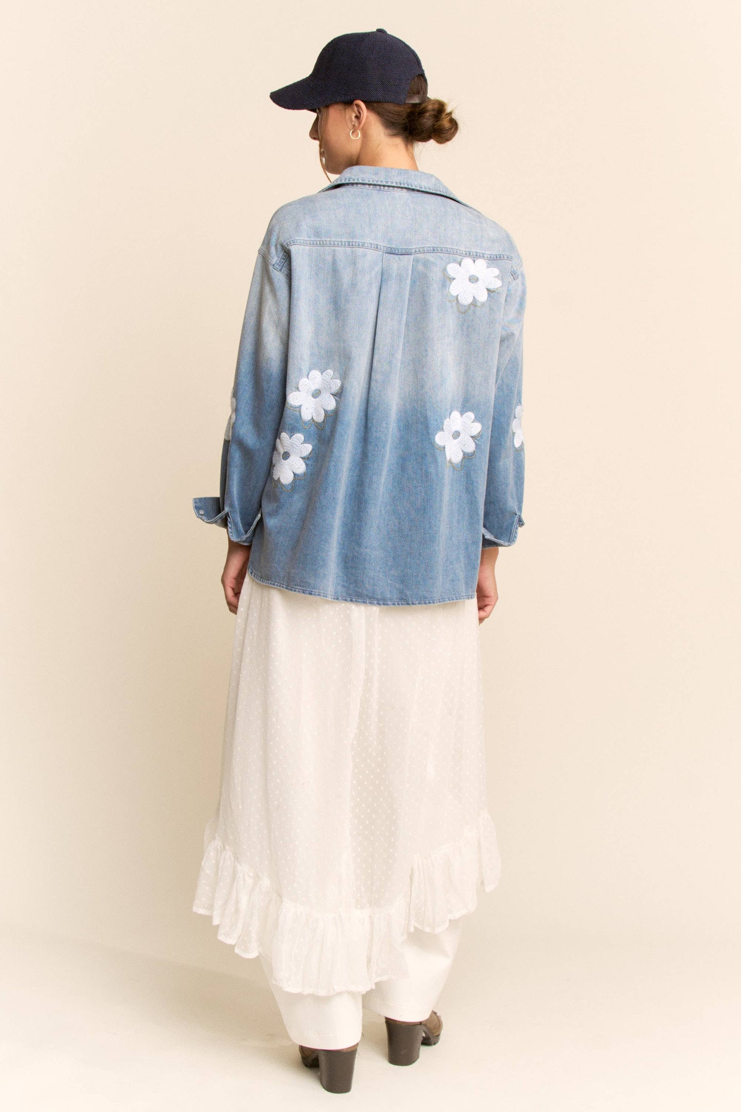 Washed Denim Flower Embroider Button Front Shirt
