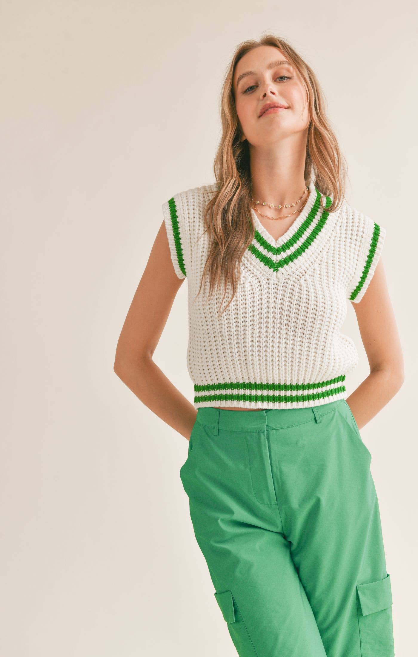 White/Green Club Perks V Neck Sweater