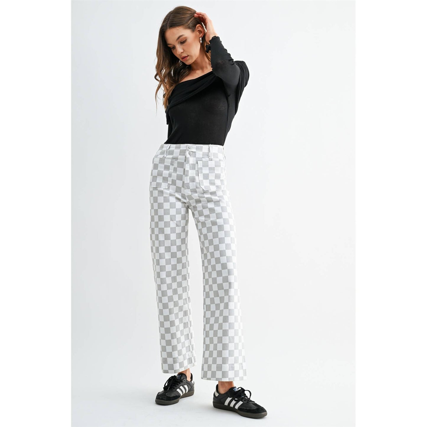 Grey Chess Print High Rise Wide Leg Ankle Pants