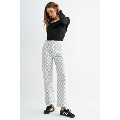 Grey Chess Print High Rise Wide Leg Ankle Pants