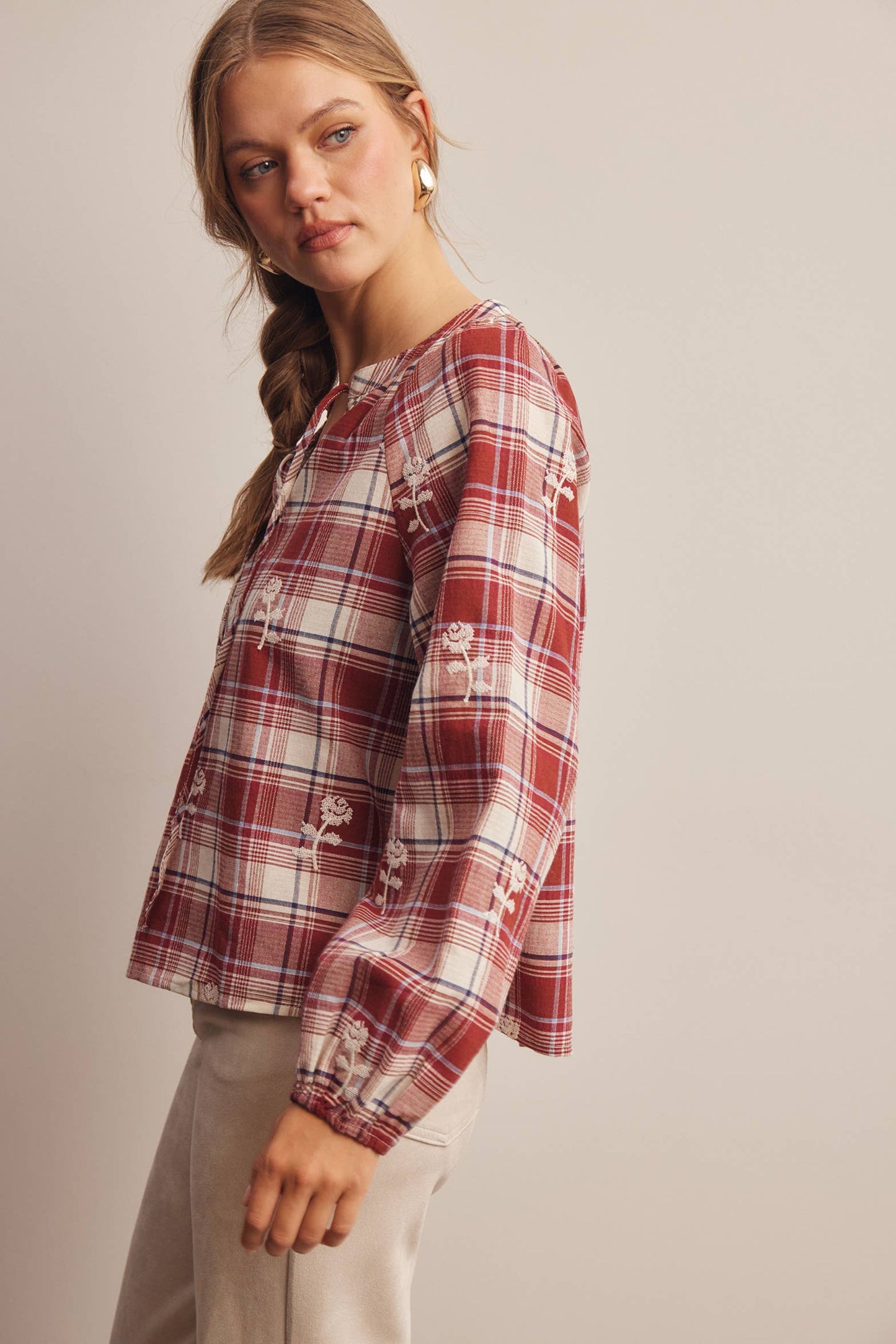 Embroidered Red Plaid Tie Neck Blouse