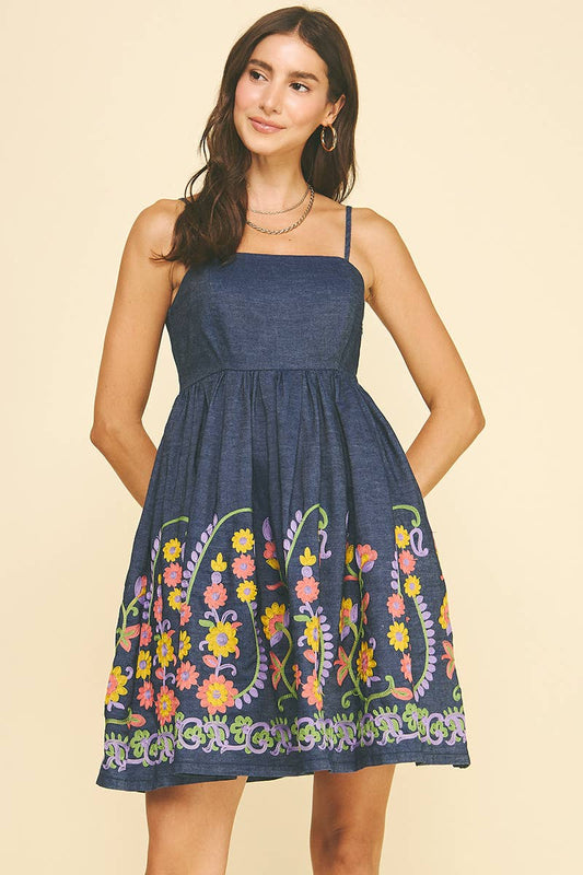 Indigo Flared Denim Mini Dress with Floral Embrodiery