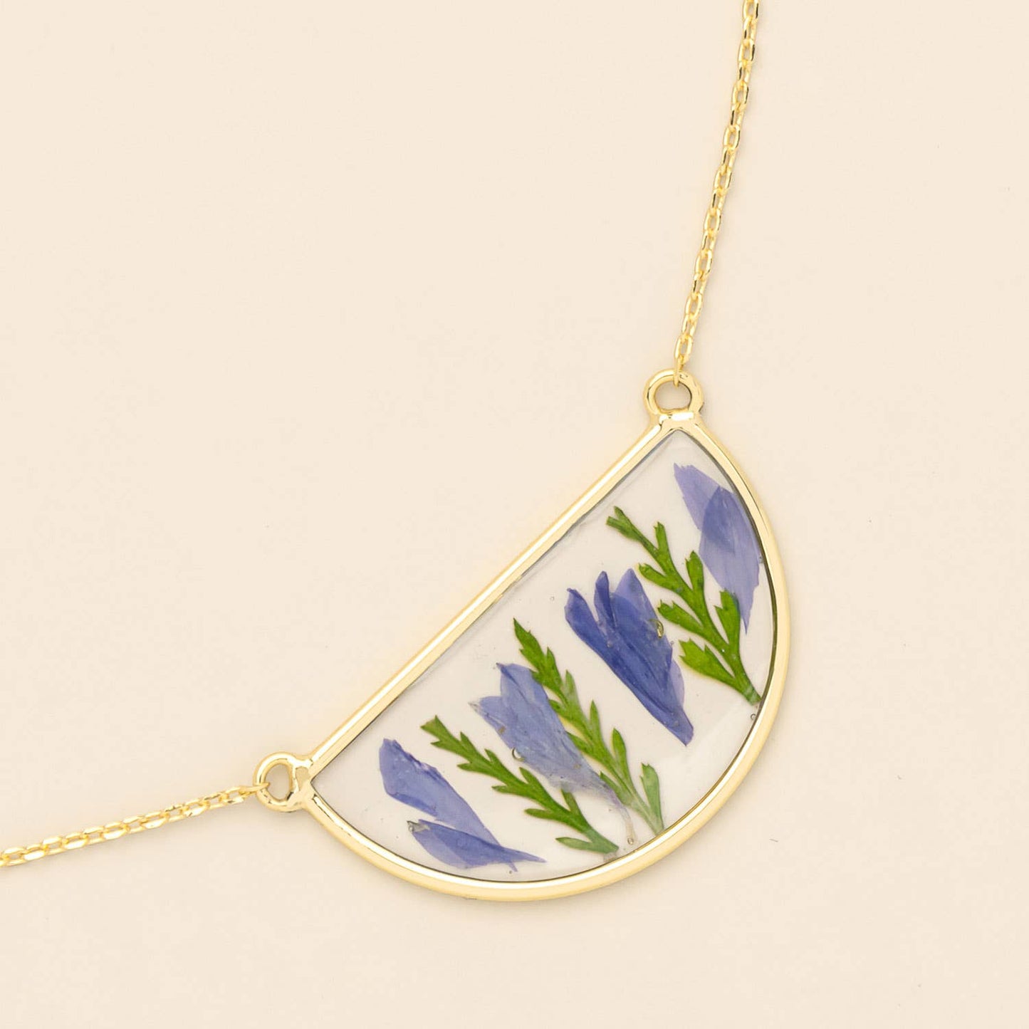 Purple Cornflower/Gold Pressed Flower Necklace