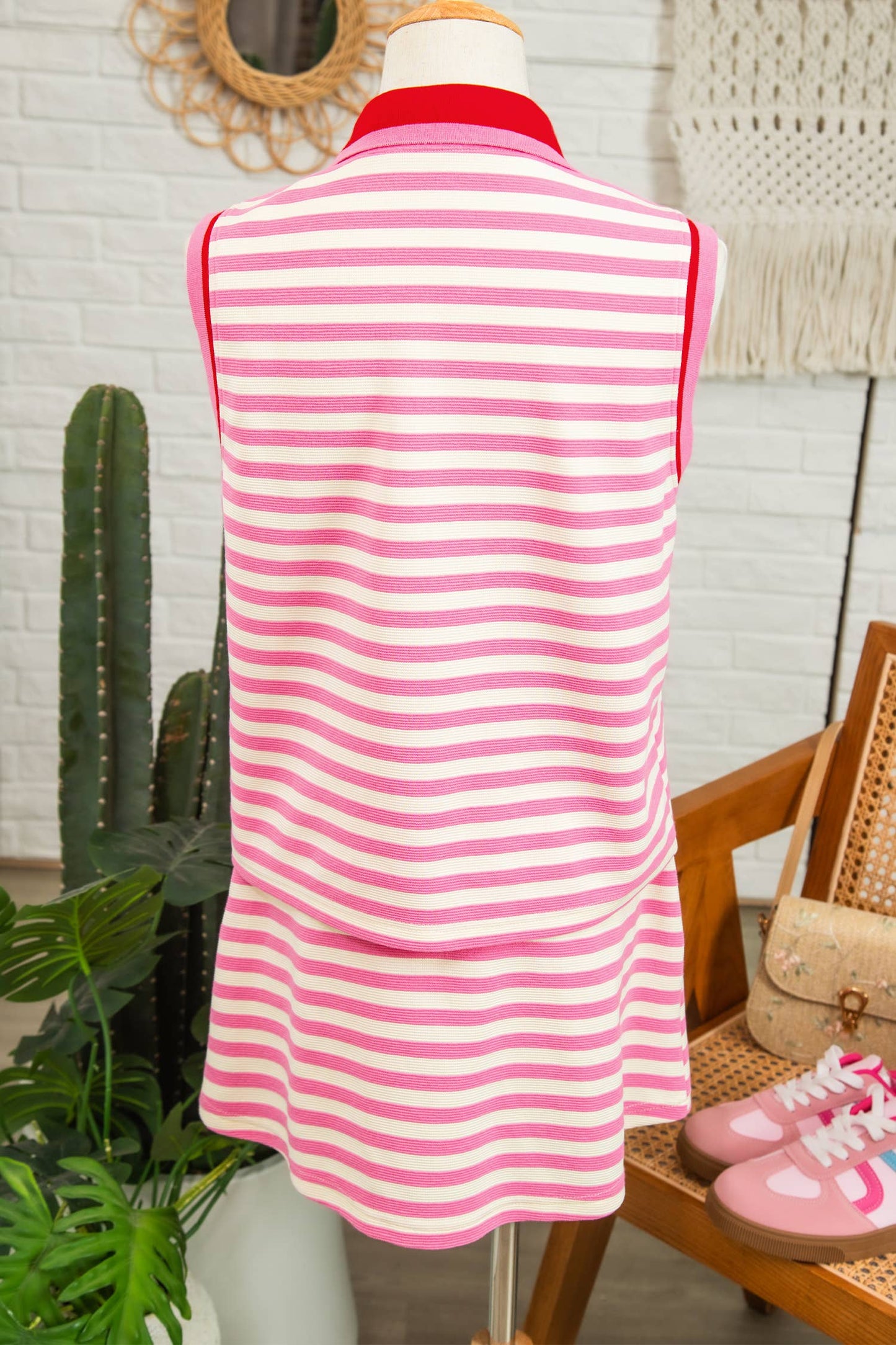 Sachet Pink Striped Sleeveless Polo Two-Piece Set