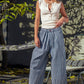 Blue Striped Pleated Wide Leg Culotte Pants