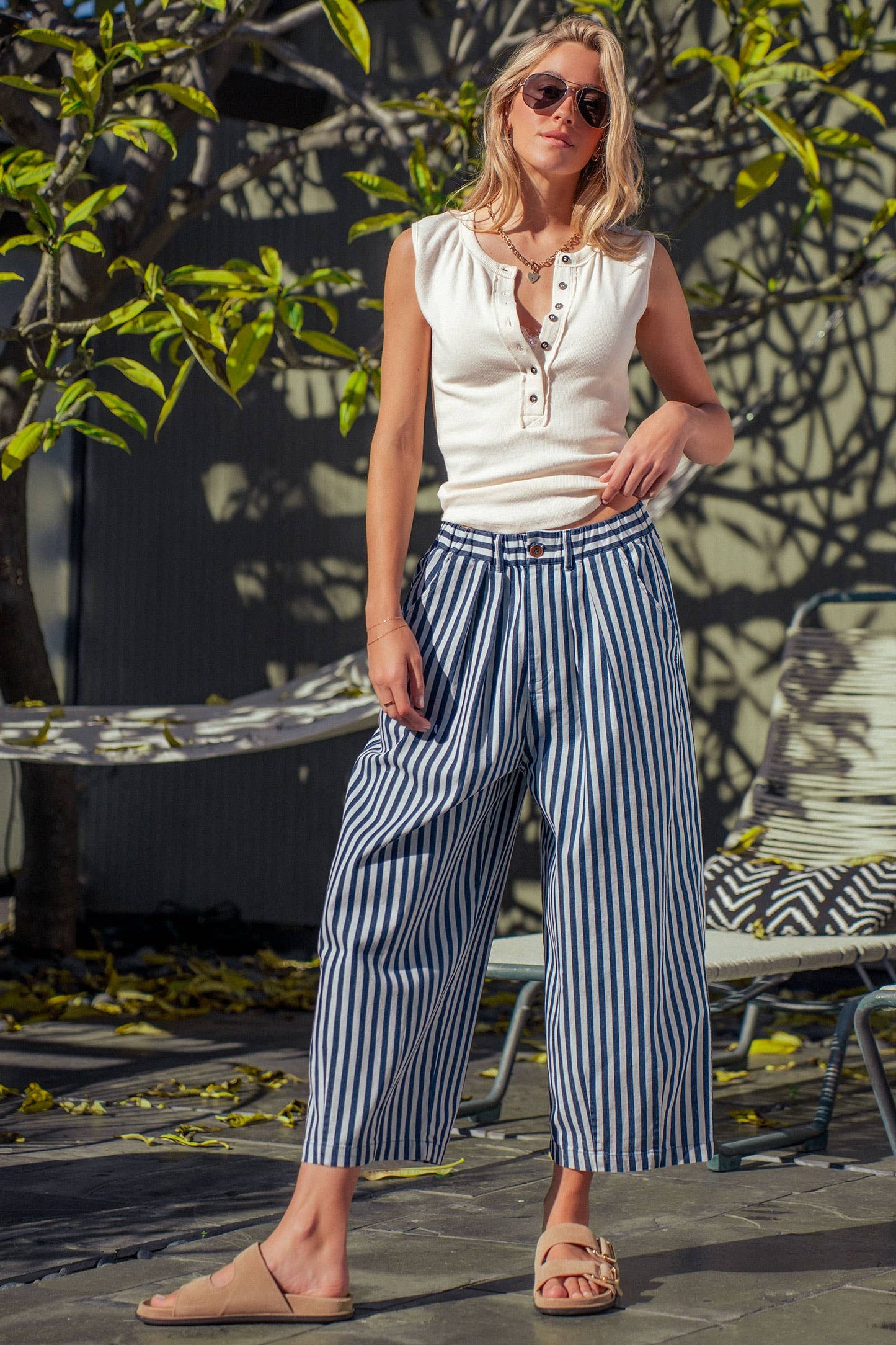 Blue Striped Pleated Wide Leg Culotte Pants