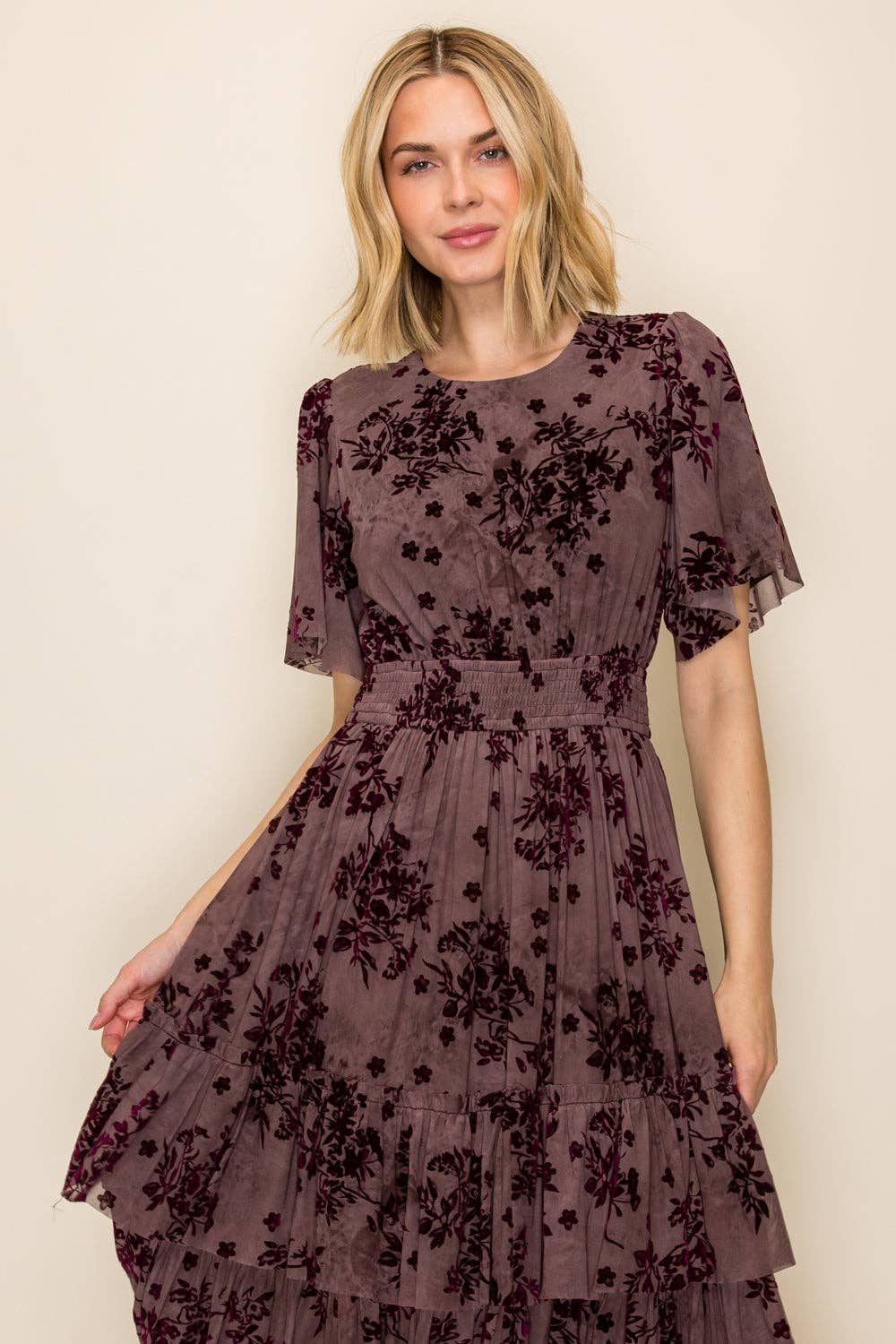 Velvet Plum Floral Smocked Waist Tiered Dress