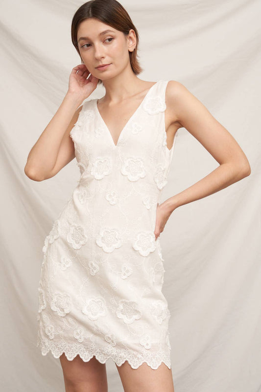 White Sleeveless V-Neck Floral Mini Dress