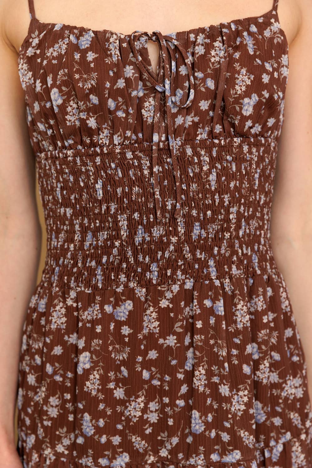 Brown + Blue Smocked Floral Tiered Midi Dress