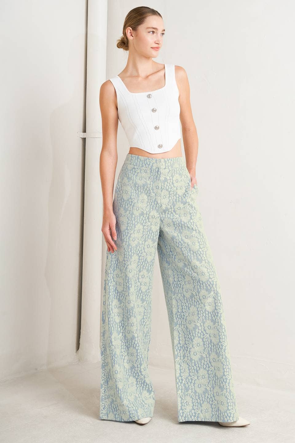 Cream & Ligh Blue Bonded Lace Pant