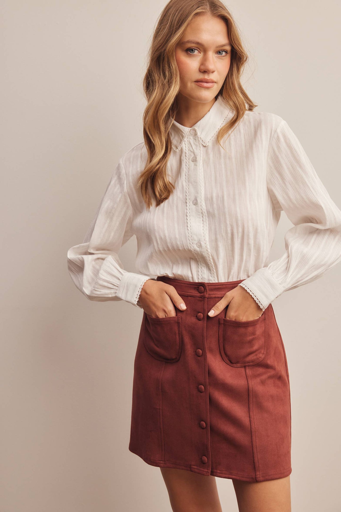 Burgundy Stretch Suede Button Front Mini Skirt