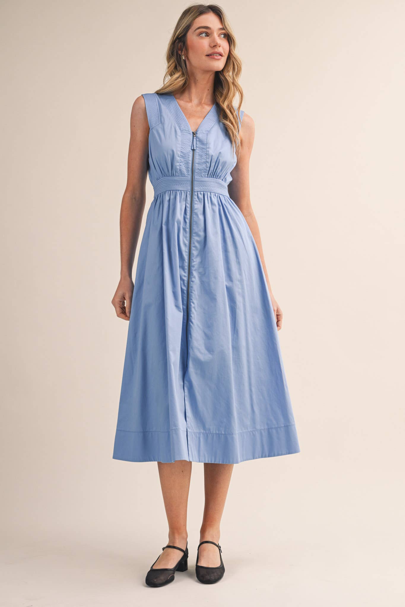 Zipper Front Cornflower Sleeveless Midi Dress