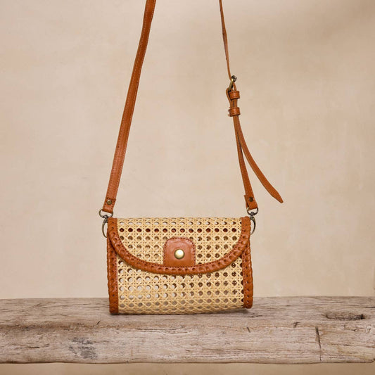 Brown Rattan Clutch with Leather Trim & Crossbody