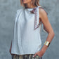 White Paisley Scarf Tie Shoulder Linen Blend Top