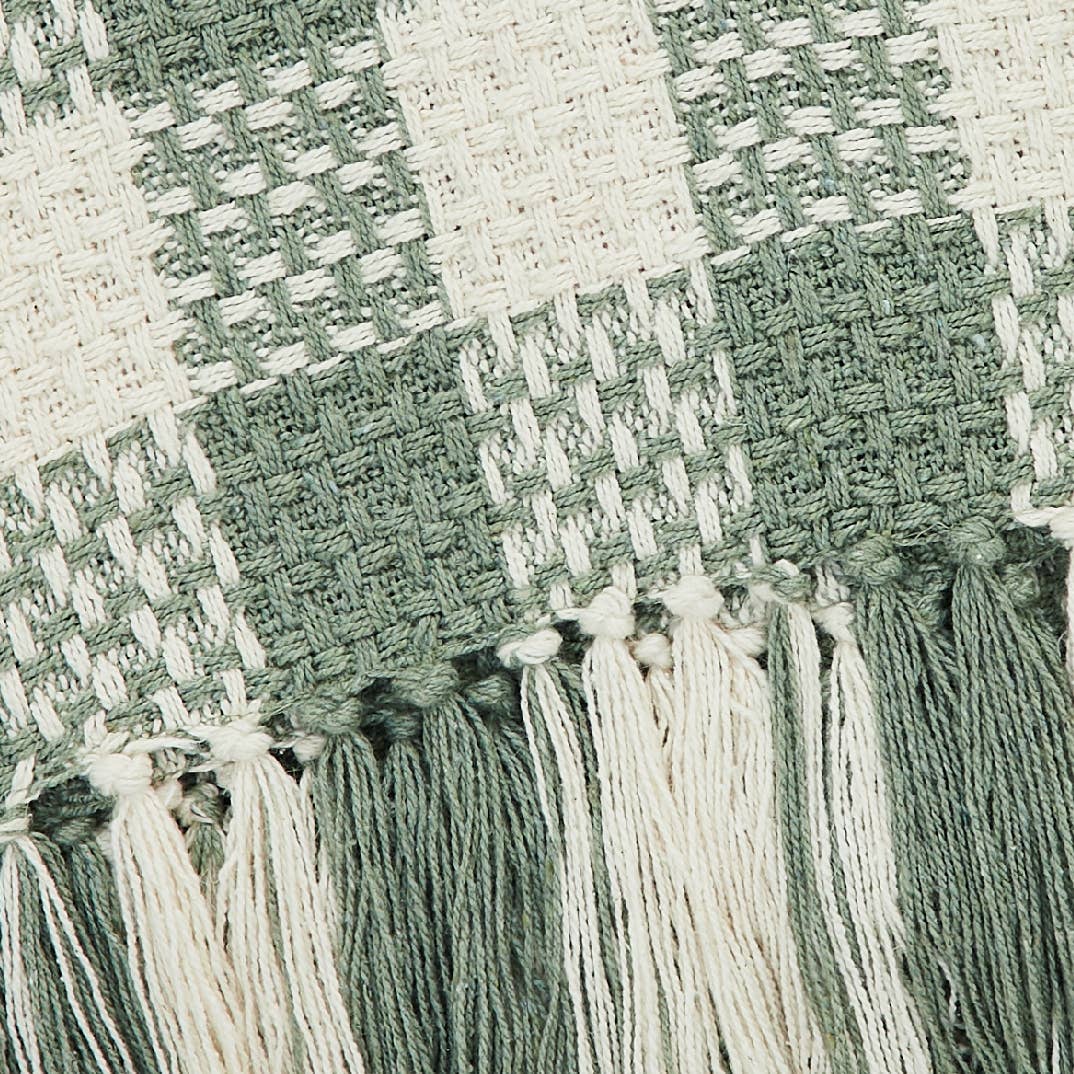 Pistachio Green Check Woven Throw Blanket with Fringe [50x60]