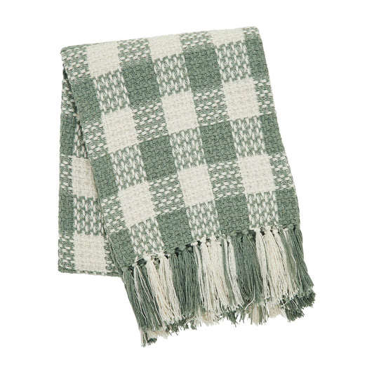 Pistachio Green Check Woven Throw Blanket with Fringe [50x60]