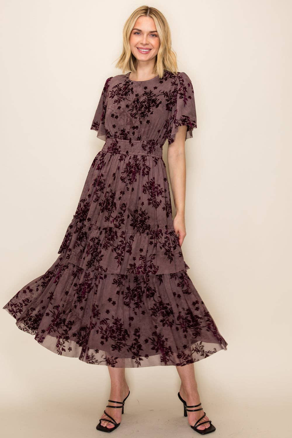 Velvet Plum Floral Smocked Waist Tiered Dress