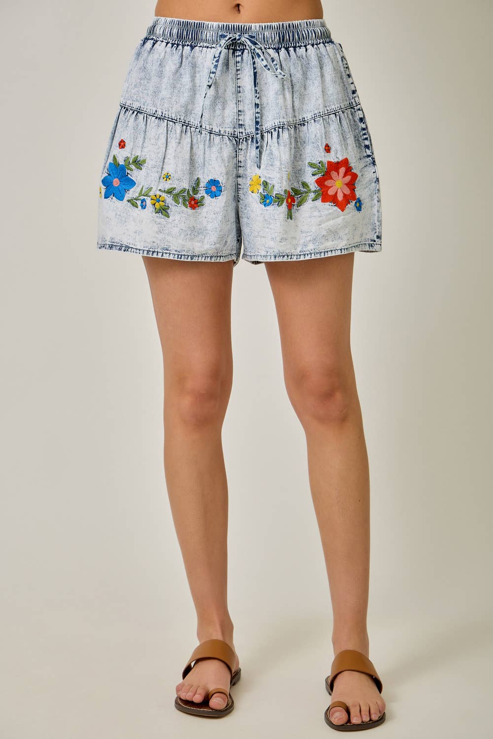 Acid Blue Washed Tencel Embroidered Shorts
