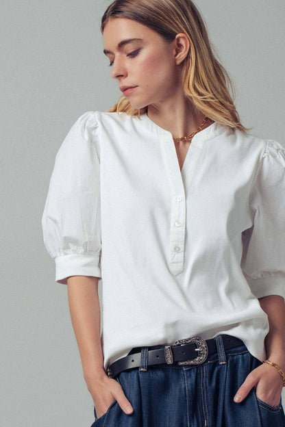 Ivory Puff Sleeve Henley Top