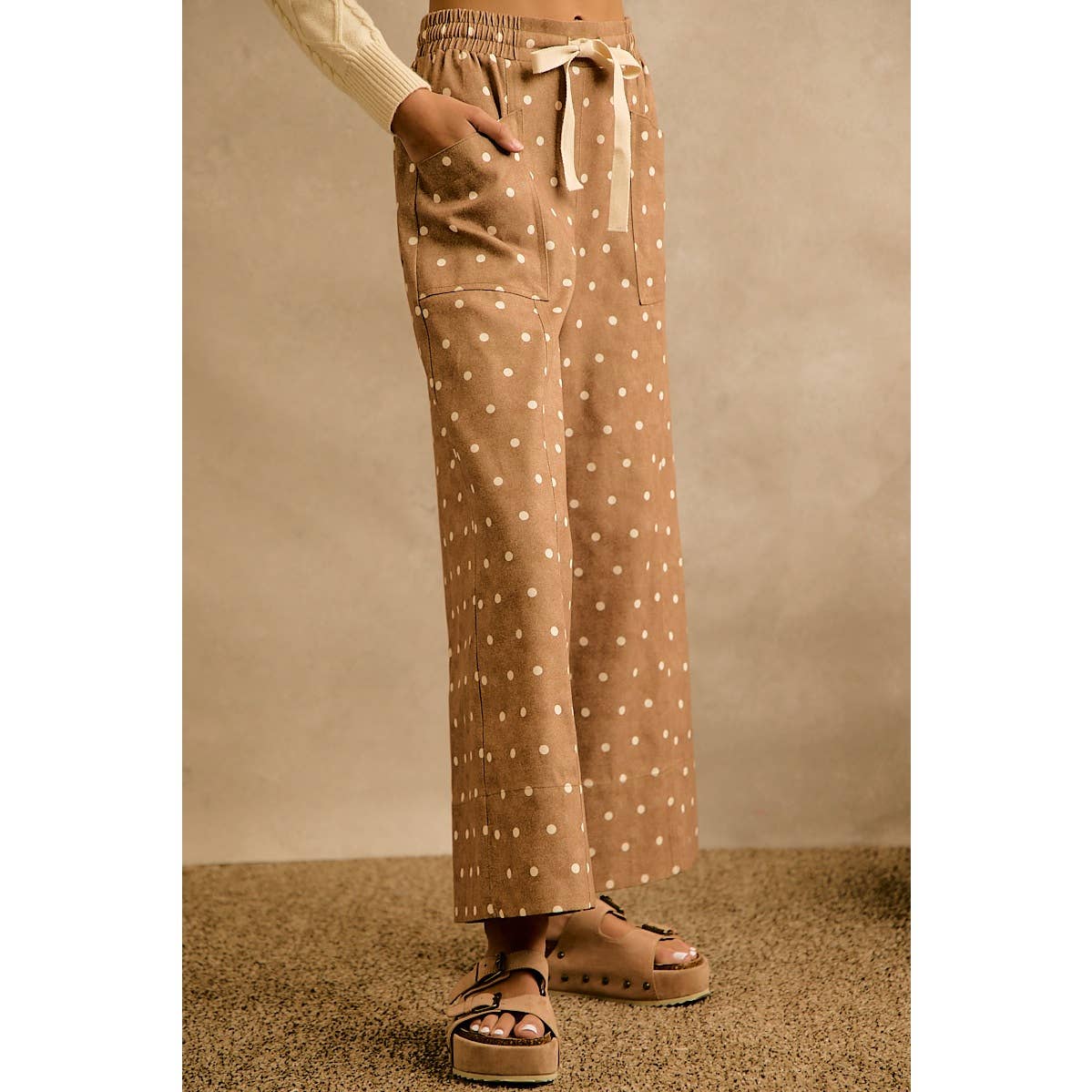 Camel/Ivory Polka Dot Wide Leg Pants