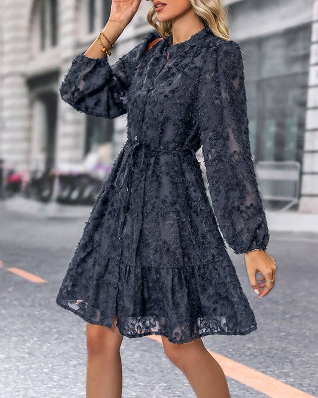 Navy Lace Jacquard Button Down Long Sleeve Dress
