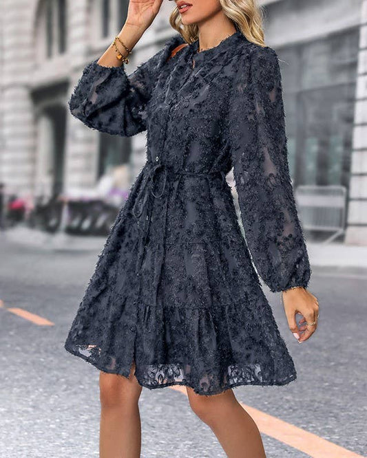 Navy Lace Jacquard Button Down Long Sleeve Dress