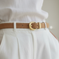 Caramel Suede Belt with Curved Gold Buckle