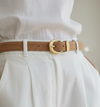 Caramel Suede Belt with Curved Gold Buckle